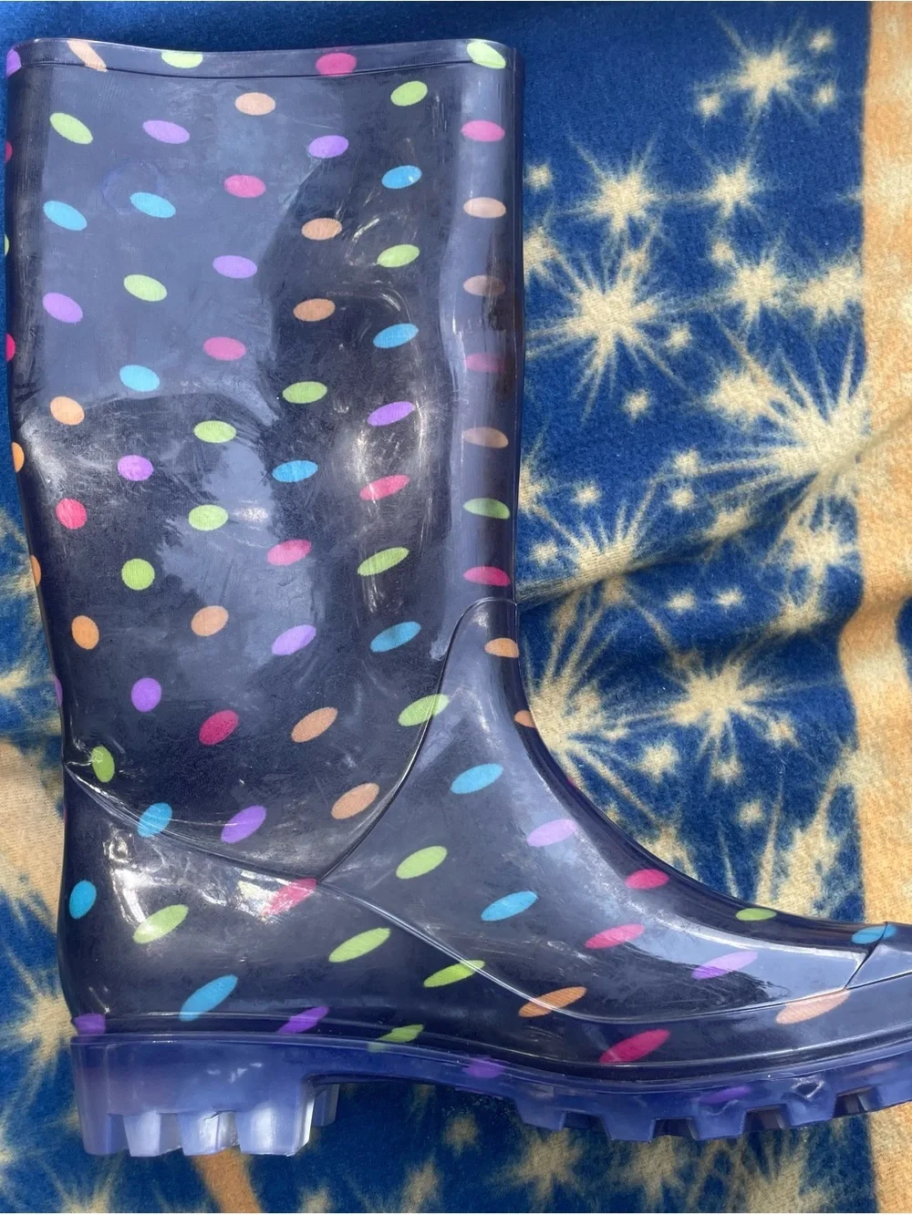 Women Purple Rain Boots with Multicolor Polka dots size 8